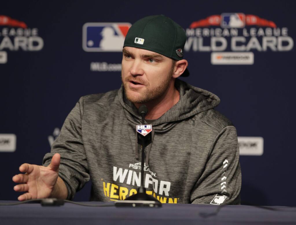 Oakland Athletics relief pitcher Liam Hendriks, of Australia, speaks during a news conference before their upcoming American League wild-card game against the New York Yankees Tuesday, Oct. 2, 2018, in New York. (AP Photo/Frank Franklin II)