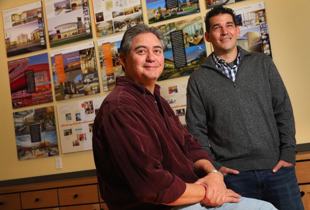 Steve Kwok, left, and Aaron Jobson, of Quattrocchi Kwok architects, are key sponsors of Homes for Sonoma, an architect driven project to build temporary tiny houses, with support form Burbank Housing, Maker Media, and North Coast Builders Exchange.(Christopher Chung/ The Press Democrat)