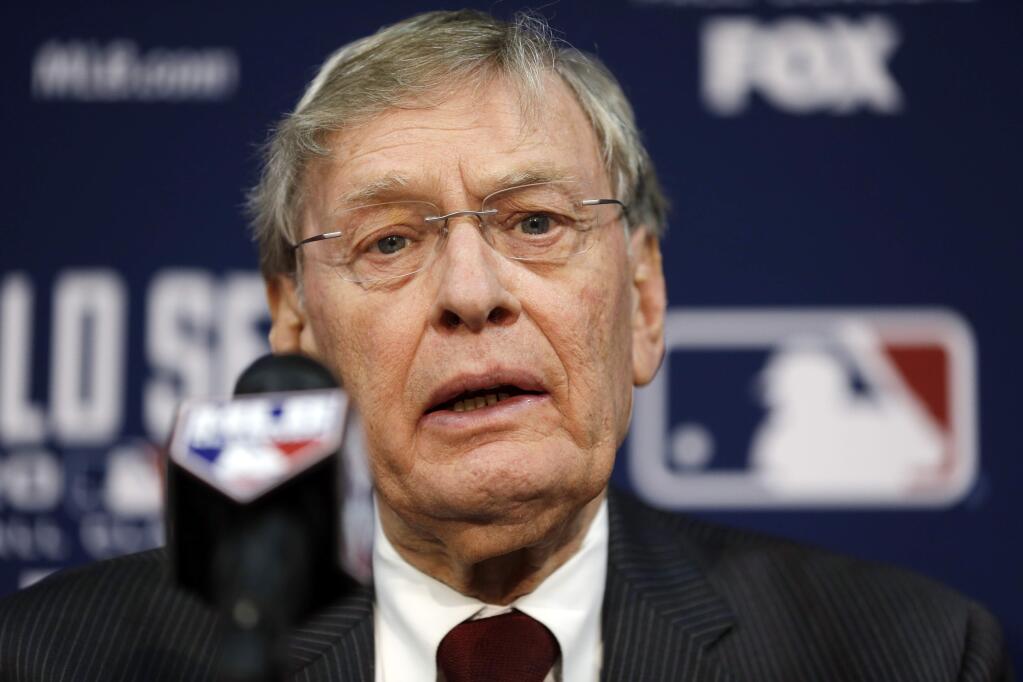 Baseball commissioner Bud Selig speaks at a news conference before Game 2 of baseball's World Series between the Kansas City Royals and the San Francisco Giants Wednesday, Oct. 22, 2014, in Kansas City, Mo. (AP Photo/Jeff Roberson)