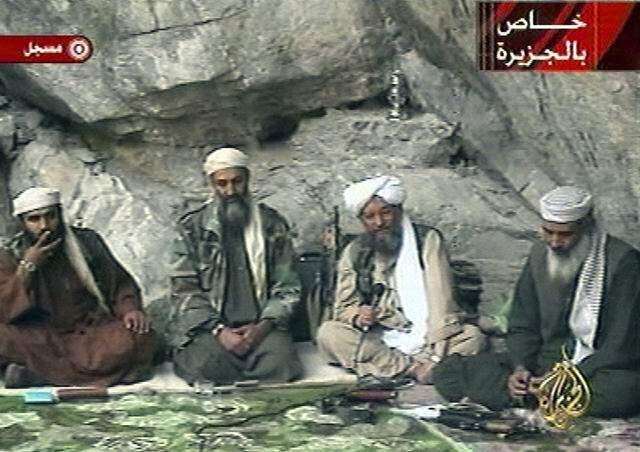 An image taken from a video made on Sept. 12, 2001. From left: Sulaiman Abu Ghaith, Osama bin Laden, Ayman al-Zawahiri and Mohammed Atef. The photo was released by the U.S. attorney's office in New York, where Abu Ghaith was convicted of terrorism charges and sentenced to life in prison.