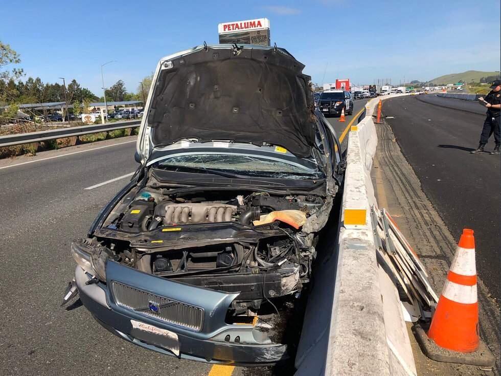 A man was arrested after California Highway Patrol said he crashed his car on Highway 101 in Petaluma and fled the scene, Wednesday, April 22, 2020. (CHP Santa Rosa)