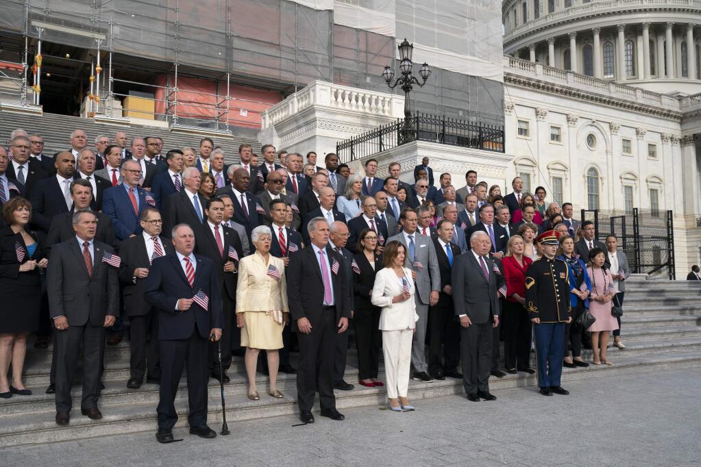Members of Congress gather at the Capitol to observe the anniversary of the Sept. 11, 2001, terror attacks on America, in Washington, Wednesday, Sept. 11, 2019. On front row, from left are Minority Whip Steve Scalise, R-La., House Republican Leader Kevin McCarthy, D-Calif., House Speaker Nancy Pelosi, D-Calif., and House Majority Leader Steny Hoyer, D-Md. (AP Photo/J. Scott Applewhite)