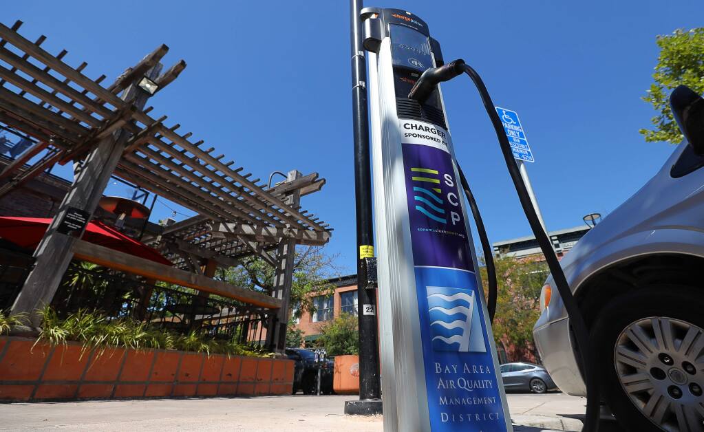 One of several electric vehicle charging stations installed by Sonoma Clean Power in the past year in Santa Rosa's Old Courthouse Square in 2020. (Christopher Chung/The Press Democrat file)