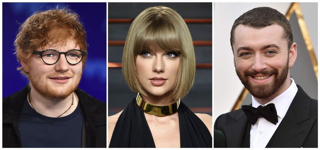 This combination photo shows Ed Sheeran, from left, Taylor Swift and Sam Smith, who are among the performers slated to take the stage during the iHeartRadio Jingle Ball tour that will hit certain cities during the holiday season and be a national TV special. (AP Photo/File)
