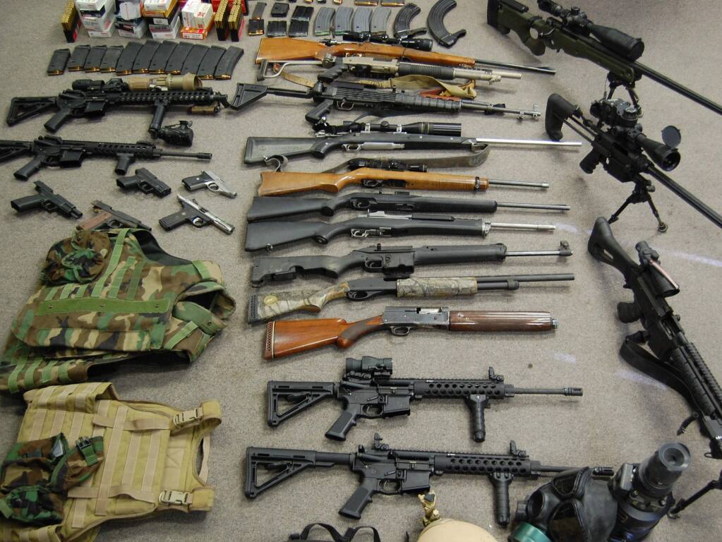 Lake County sheriff's deputies found 22 weapons, including high-powered military-grade sniper and assault rifles and pistols, when they raided a Clearlake Oaks property on May 1, 2013, during an investigation into Ryan Alan Balletto, 30, of Lakeport and Patrick Steven Pearmain, 24, of Clearlake.