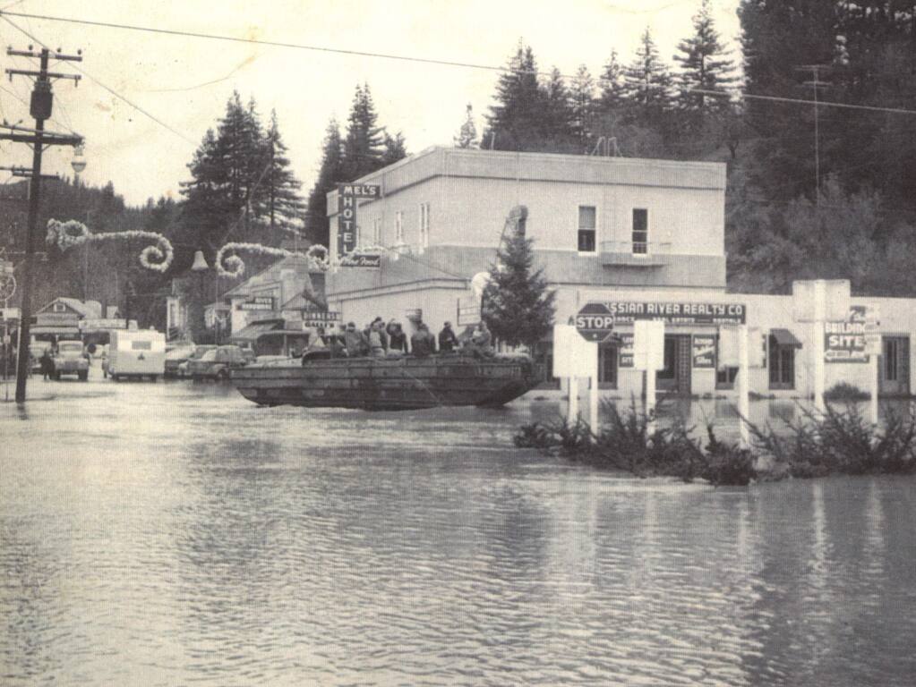 A flood at Christmastime in 1955 stranded dozens of people in the Guerneville area. Two storms that occurred four days apart caused the Russian River to crest at 47.62 feet, according to Press Democrat archives. (Sonoma County Library)