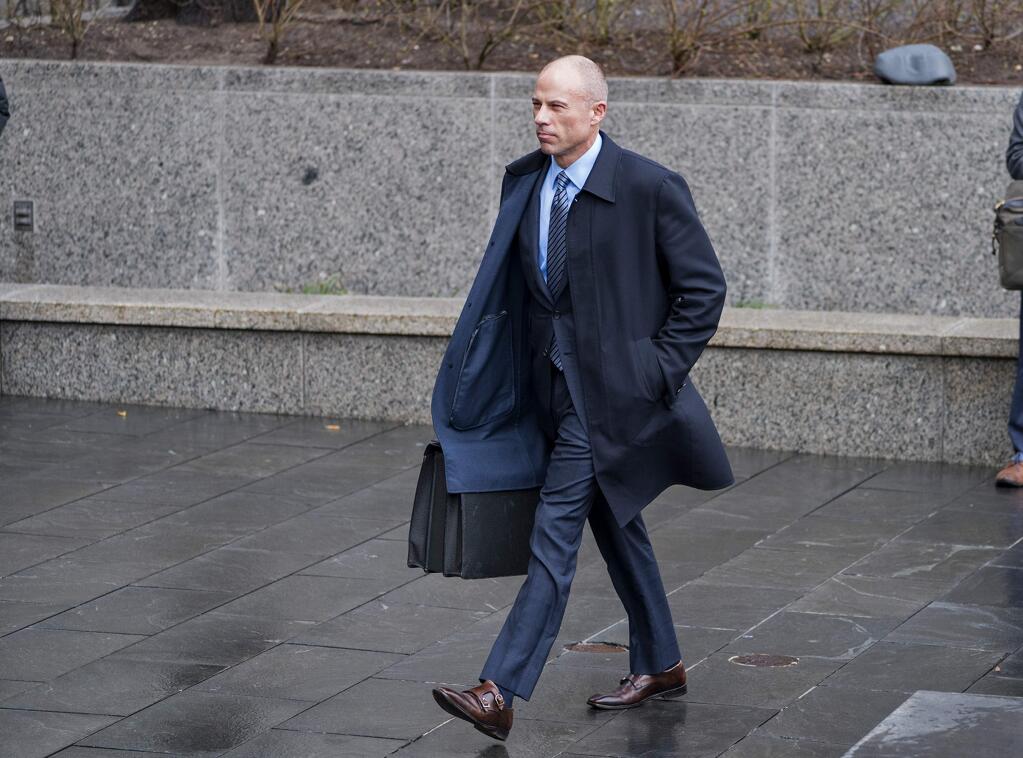 Michael Avenatti, the attorney and spokesperson for adult film actress Stormy Daniels, arrives for a hearing at federal court Monday, April 16, 2018, in New York. (AP Photo/Craig Ruttle)