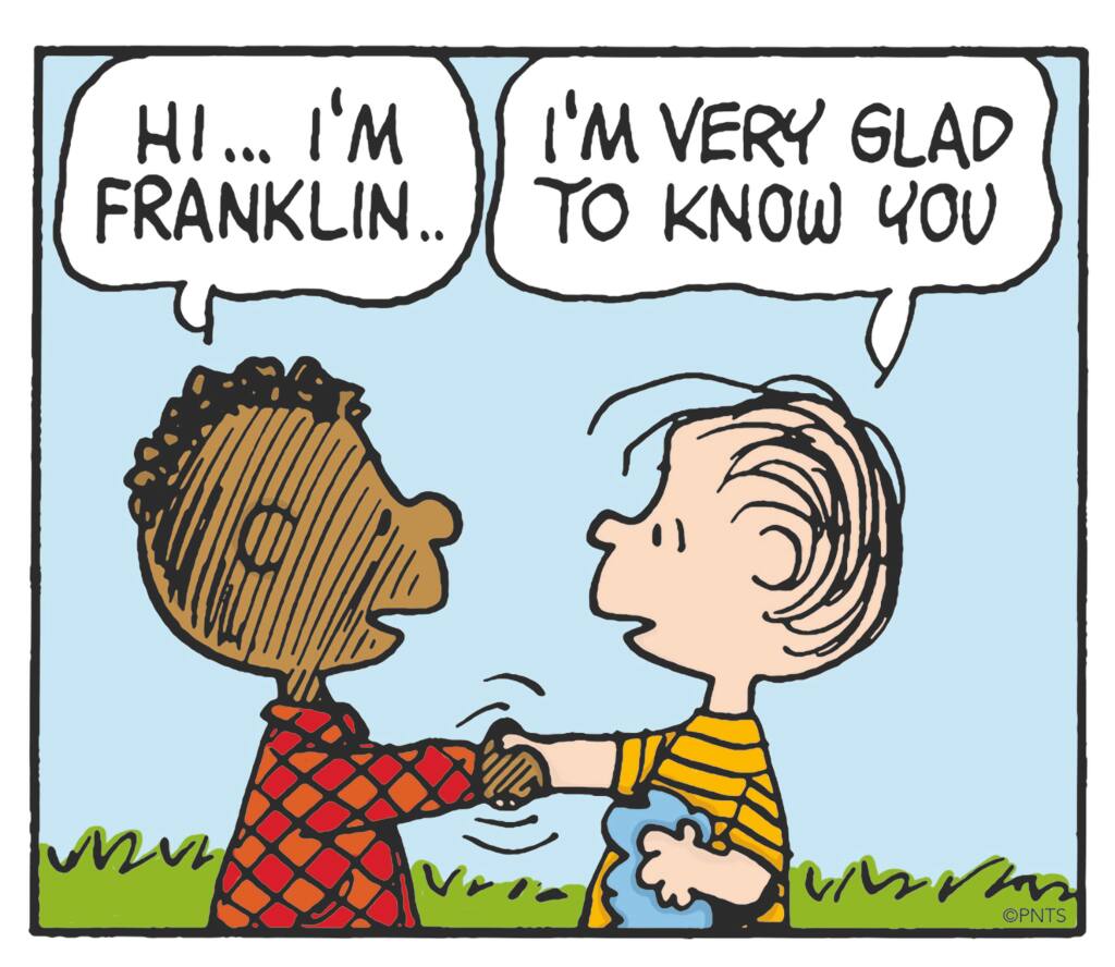 © Peanuts Worldwide LLCFranklin Armstrong and Linus. Franklin was introduced in 'Peanuts' on July 31, 1968, the first African-American character in the strip. He goes to school with Peppermint Patty and Marcie and first met Charlie Brown when they were both at the beach. Franklin's father was a soldier fighting in Vietnam.