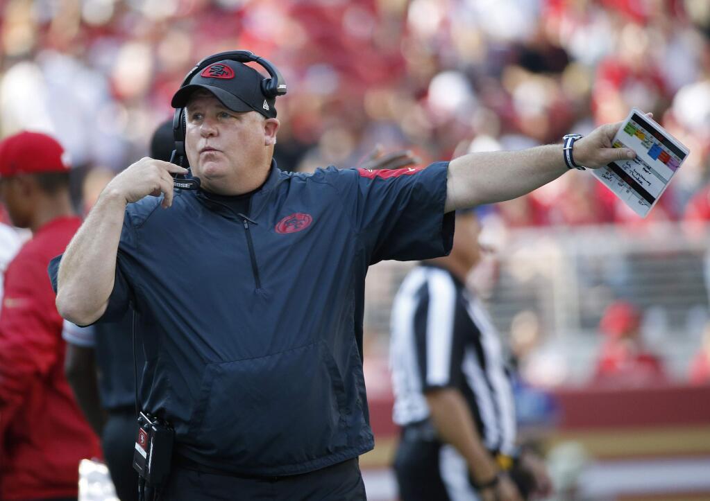 San Francisco 49ers coach Chip Kelly gestures on the sidelines during the first half of the team's preseason game against the Houston Texans on Sunday, Aug. 14, 2016, in Santa Clara. (AP Photo/Tony Avelar)
