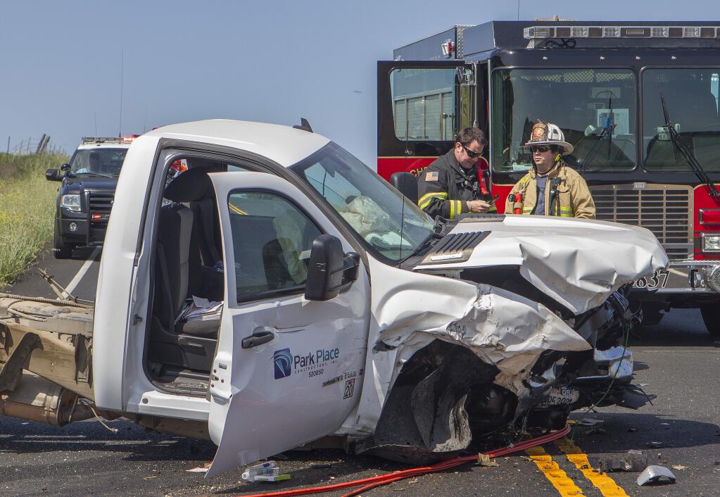 According to the California Highway Patrol, two people were killed in a head-on collision Wednesday morning around 9am on Highway 121, just west of Napa Road. (Photos by Robbi Pengelly/Index-Tribune)