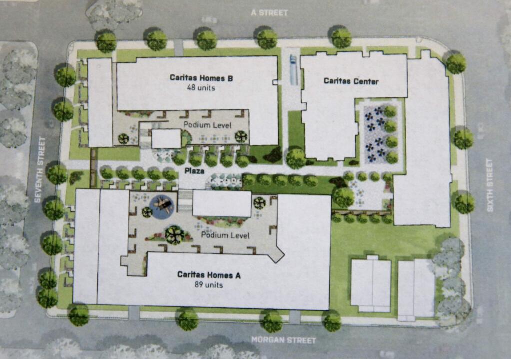 This architectural site plan shows how Caritas Village would encompass most of the block between Morgan and A streets at Sixth Street in Santa Rosa. (courtesy of Catholic Charities)