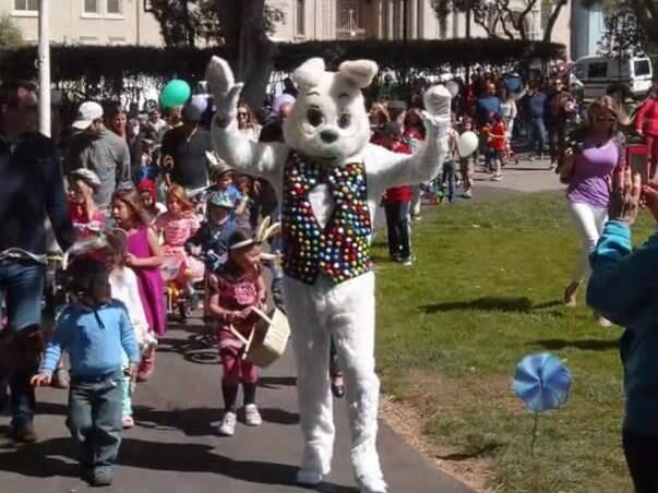 Dressed as the Easter Bunny, Jack Piccinini leads kids in the first annual Ray Piccinini Easter Parade, named to honor his late uncle, Saturday, April 4, 2015. (VIDEO SCREENSHOT)