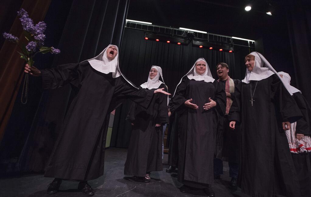 Robbi Pengelly/Index-TribuneFrom left are Julia Holsworth as Sister Mary Amnesia, Nora Summers as Sister Mary Leo, Cat Smith as Sister Mary Hubert, Jerome Sadhu Jr. as Fr. Virgil and Abby Chambers as Sister Robert Anne.