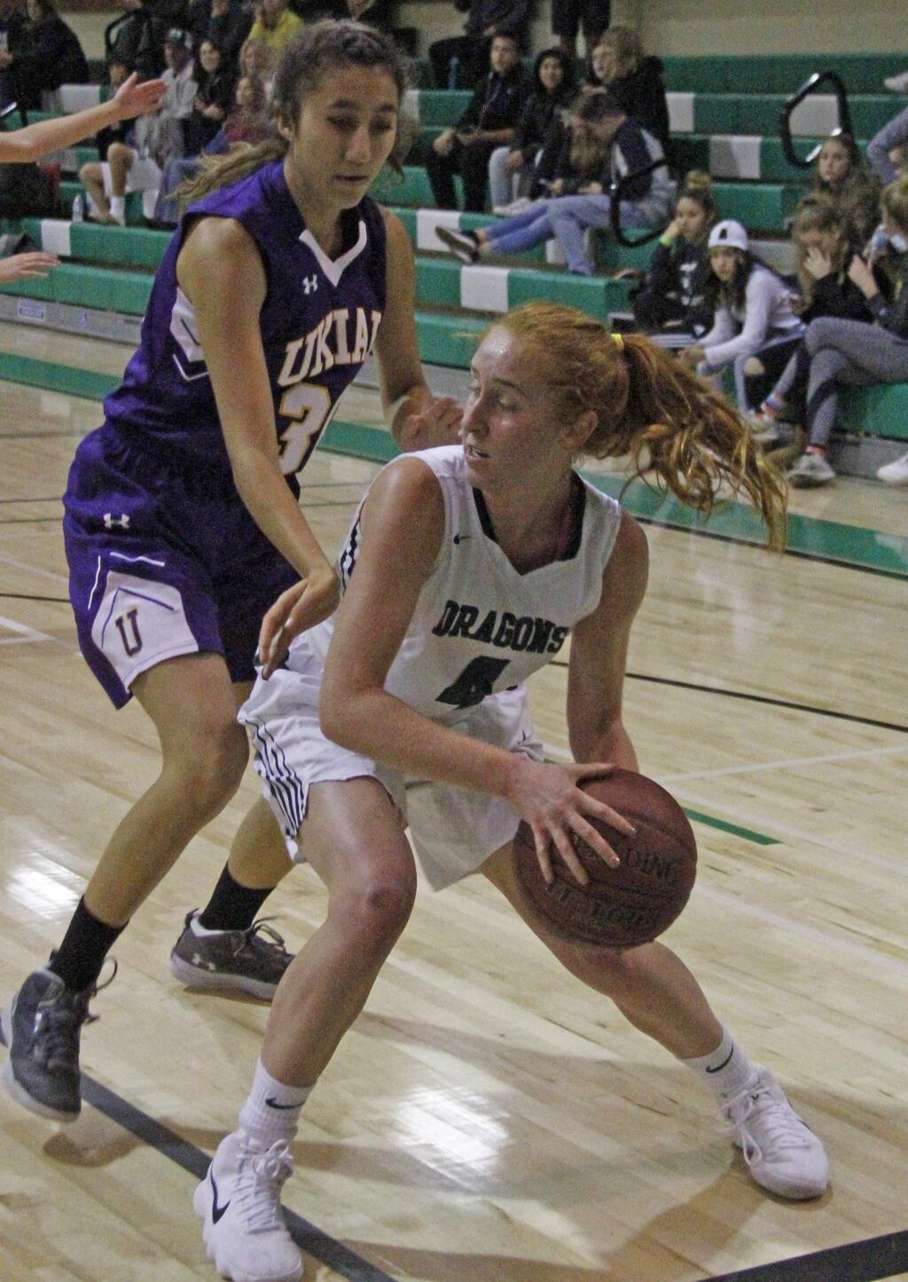 Sonoma Valley's Amy Stanfield considers an inside drive to the hoop during basketball action last season against Ukiah. Stanfield was named top girl Scholar-Athlete in All Empire large schools. (Bill Hoban/Index-Tribune)