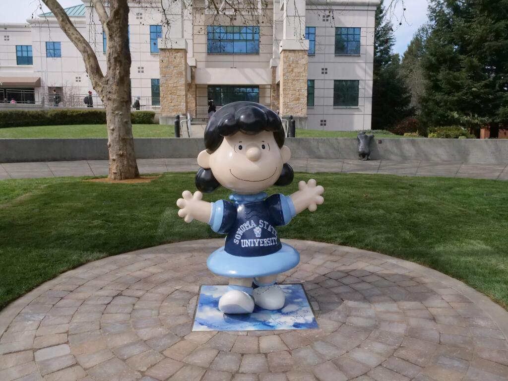 The Lucy statue was unveiled in front of The Jean and Charles Schulz Information Center library at the Sonoma State campus on March 6. (Photo: Francisco Carbajal)