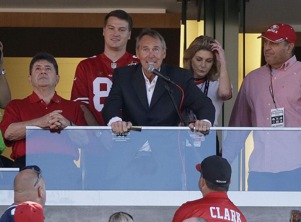 Former 49ers wide receiver Dwight Clark speaks to fans during a halftime ceremony Oct. 22 at Levi's Stadium in Santa Clara. (AP Photo/Eric Risberg)