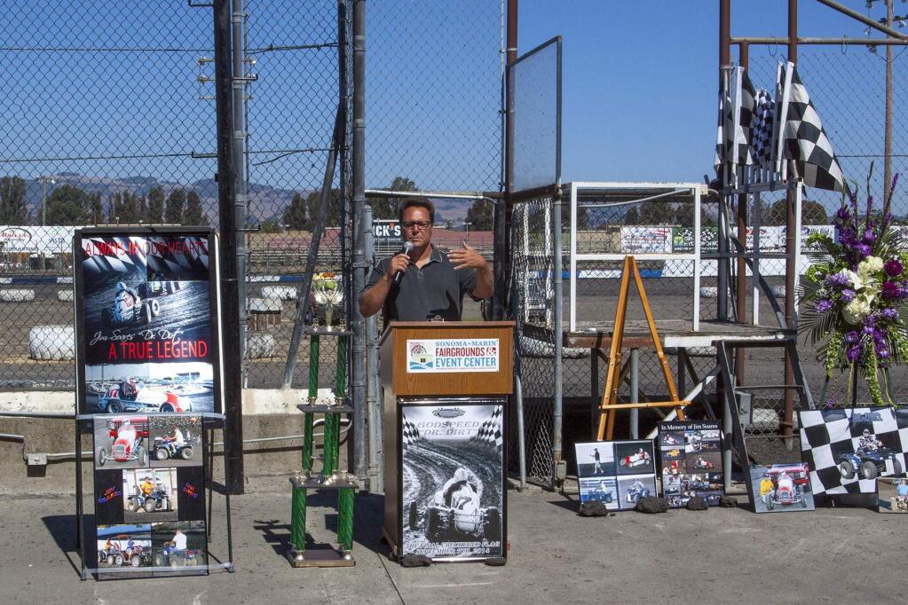 STEVE LAFOND PHOTOSRick Faeth, Jim Soares' business partner and promoter at Petaluma Speedway the last two years, addresses a crowd of about 300 fans and racers gathered for Soares' Memorial at the Petaluma Speedway.