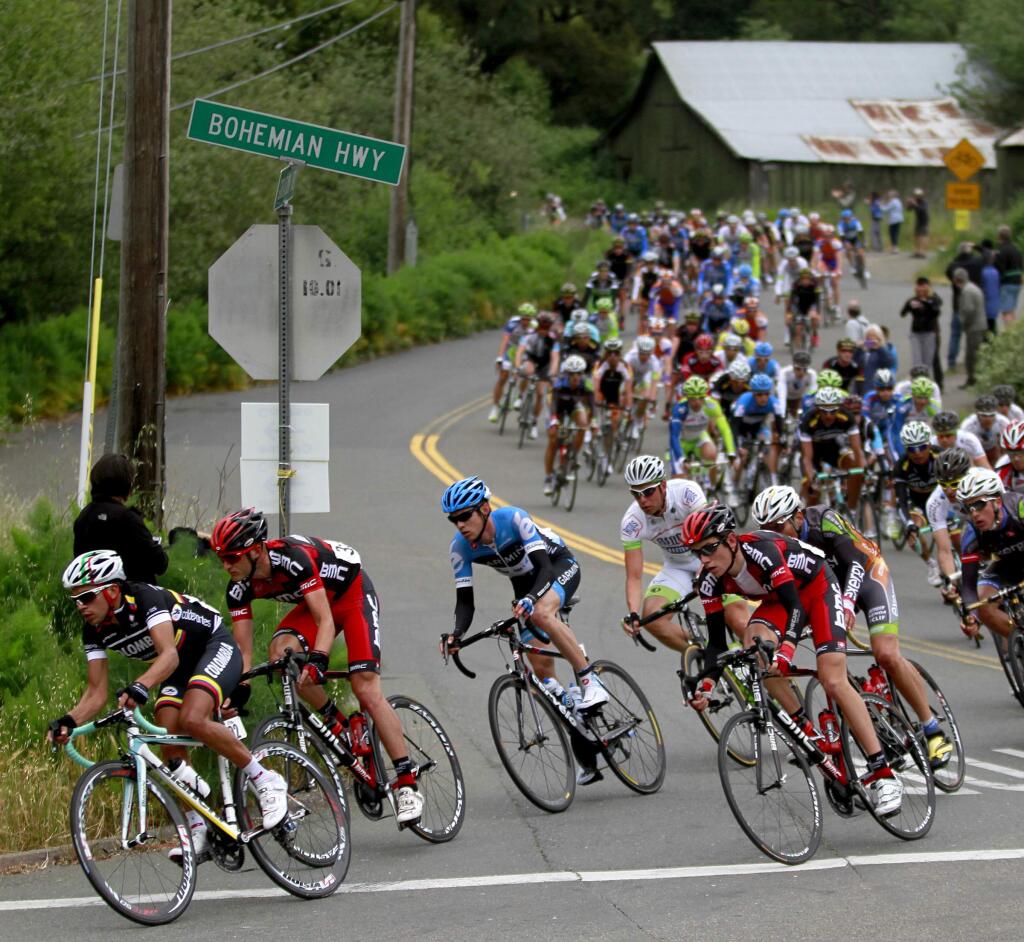 Cyclists turn from Graton Road onto Bohemian Highway during Stage 1 of the Amgen Tour of California in Occidental, California, on Sunday, May 13, 2012. (BETH SCHLANKER/ The Press Democat)
