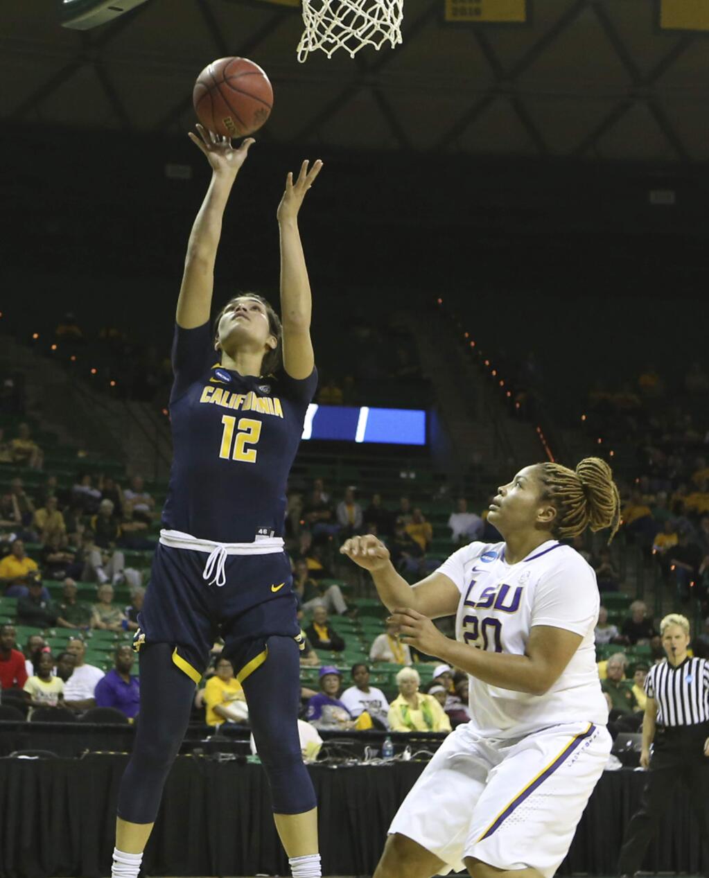 California forward Penina Davidson (12) scores past LSU forward Alexis Hyder (20) in the first half of a first-round game in the women's NCAA college basketball tournament, Saturday, March, 18, 2017, in Waco, Texas. (AP Photo/Jerry Larson)/ AP)