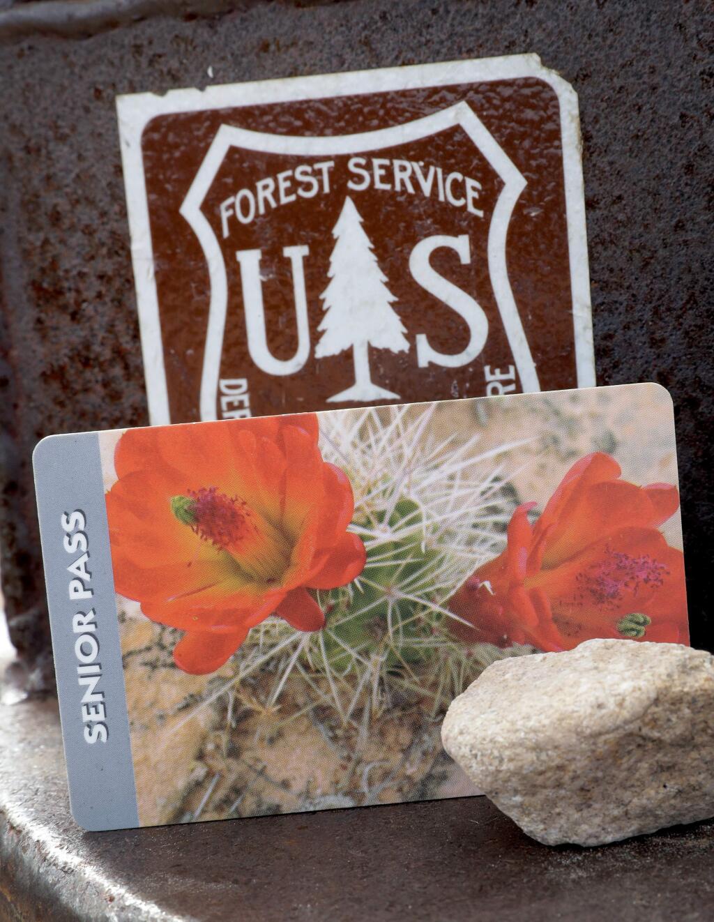 An America the Beautiful Lifetime Senior Pass is shown at Bull Dog Canyon in the Tonto National Forest in Fort McDowell, Ariz., Tuesday, Aug. 1, 2017. Seniors are snapping up so many lifetime passes good for national parks and other federal recreation sites ahead of a big price increase later this month that government agencies have started a rain check policy. The America the Beautiful Lifetime Senior Pass available to buyers 62 and older costs $10 but is going up 700 percent to $80 on Aug. 28. (AP Photo/Matt York)
