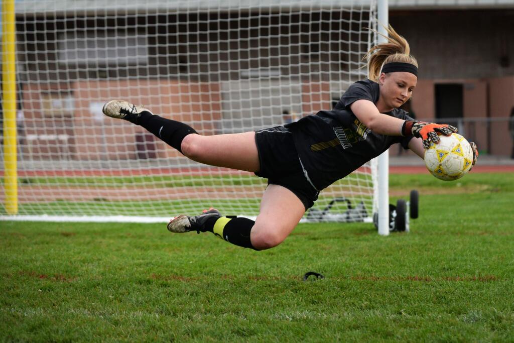 Maria Carrillo goalkeeper Claire Howard warming up before the start of Maria Carrillo's home game against Cardinal Newman in Santa Rosa, Oct. 27, 2015. (Erik Castro/for The Press Democrat)