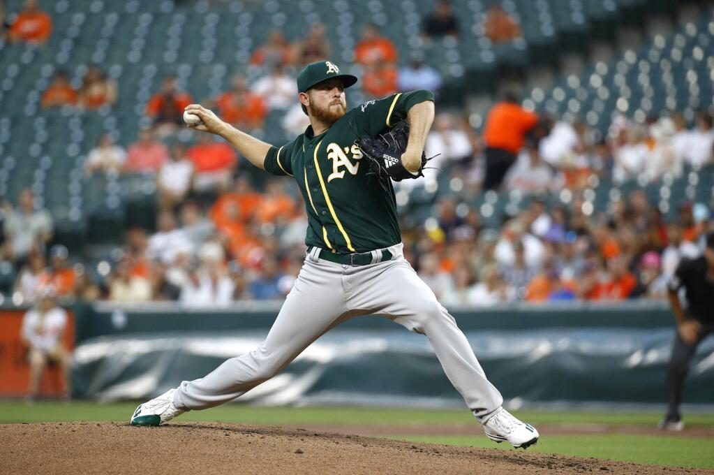 Oakland Athletics starting pitcher Paul Blackburn throws to the Baltimore Orioles in the first inning in Baltimore, Tuesday, Aug. 22, 2017. (AP Photo/Patrick Semansky)