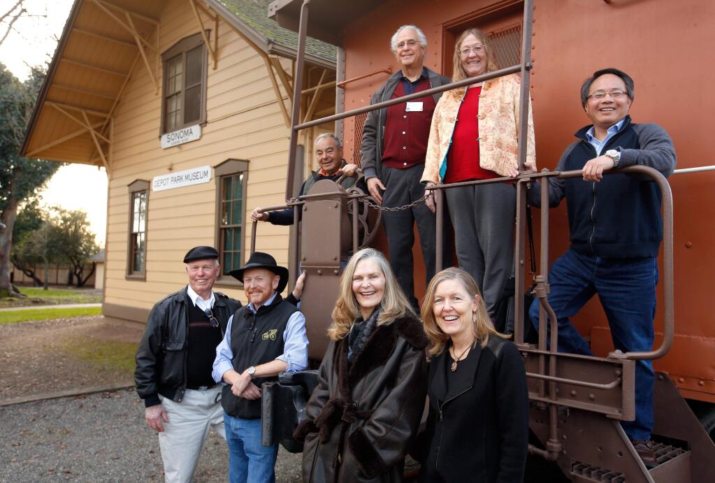 Members of the Sonoma Sister Cities Association's Sonoma-Penglai Committee pose for a portrait at Depot Park in 2017. The committee hopes to honor Chinese immigrants who labored in Sonoma County in the mid-1800's by constructing a Chinese-style pavilion at Depot Park. Front row pictured from right to left: committe chair Peggy Phelan Rubens, Marilyn Kravig, Gary Edwards, and Wayne Schake. Back row pictured from right to left: Jack Ding, Teresa Barnes, Howard Eisenstark, and Dave Katz. (Alvin Jornada / The Press Democrat)