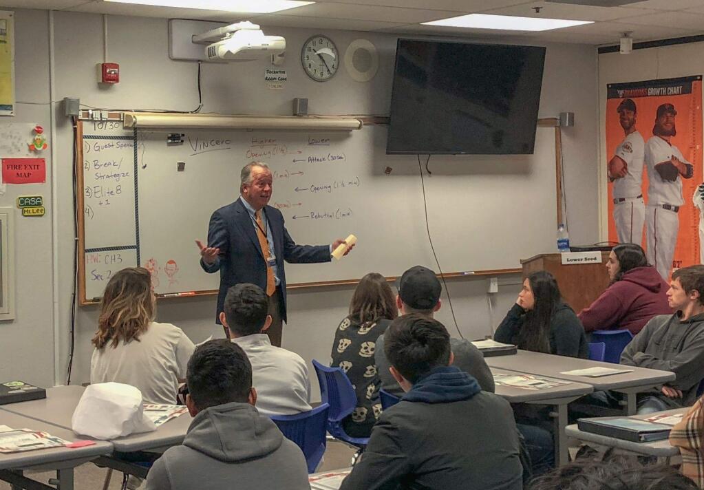 State Senator Bill Dodd, D-Napa, speaks to a U.S. Government class at Casa Grande High School in Petaluma last week. (YOUSEF BAIG/ARGUS-COURIER STAFF)