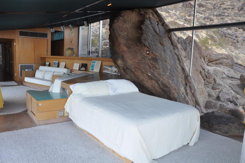 Palm Springs Bureau of TourismAlbert Frey designed this home on a rocky hillside. He used boulders and steel I-beams to support a corrugated, aluminum roof. The boulderseparates the bedroom and living rooms.
