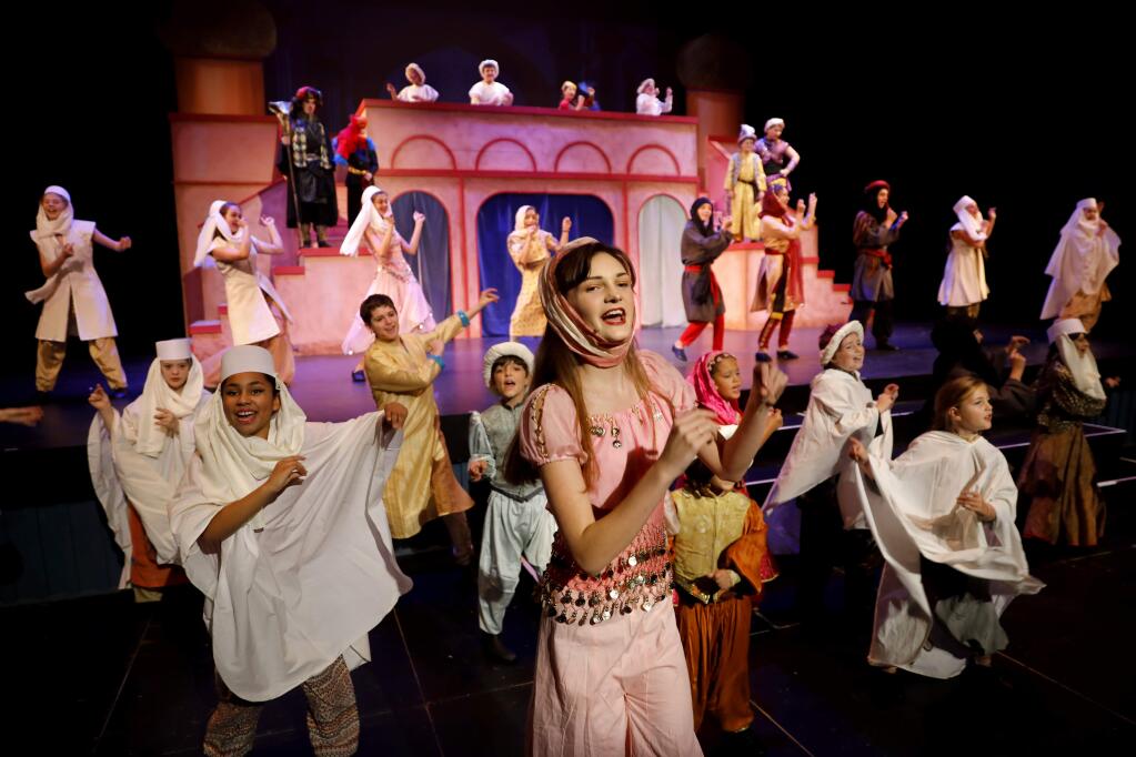 Elora Birkenes, 16, performs the song 'Prince Ali' with the entire cast during a dress rehearsal of Disney's 'Aladdin Jr.' as part of the Spreckels Youth in Arts camp. Photo taken at the Spreckels Performing Arts Center in Rohnert Park on Thursday, July 19, 2018. (BETH SCHLANKER/ PD)