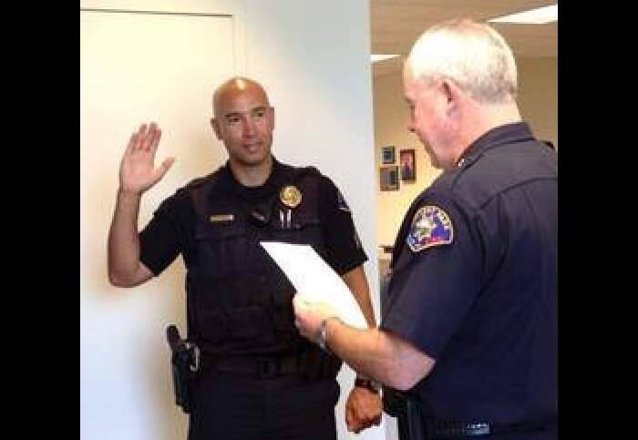 Brendan 'Jacy' Tatum (left), pictured in 2015 when he was being sworn in as a newly promoted sergeant by Rohnert Park Department of Public Safety Director Brian Masterson. (Rohnert Park Police and Fire Facebook)