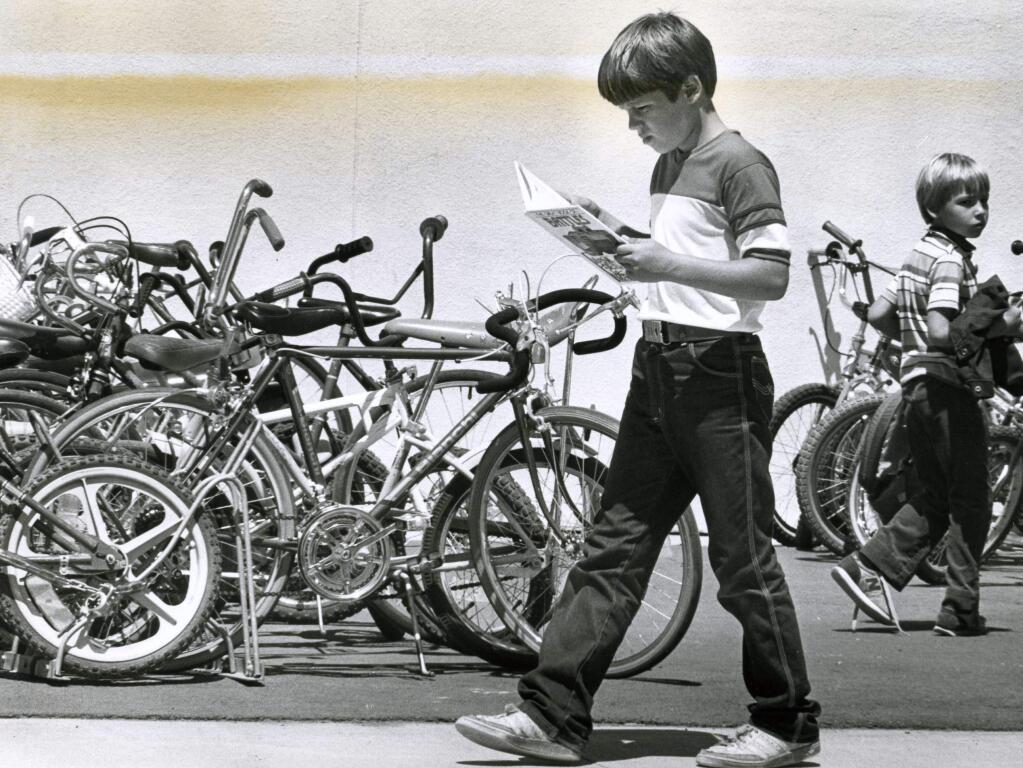The bicycle racks were packed at Crane Elementary as students got ready for the first day of classes in 1984. (The Press Democrat Archives)