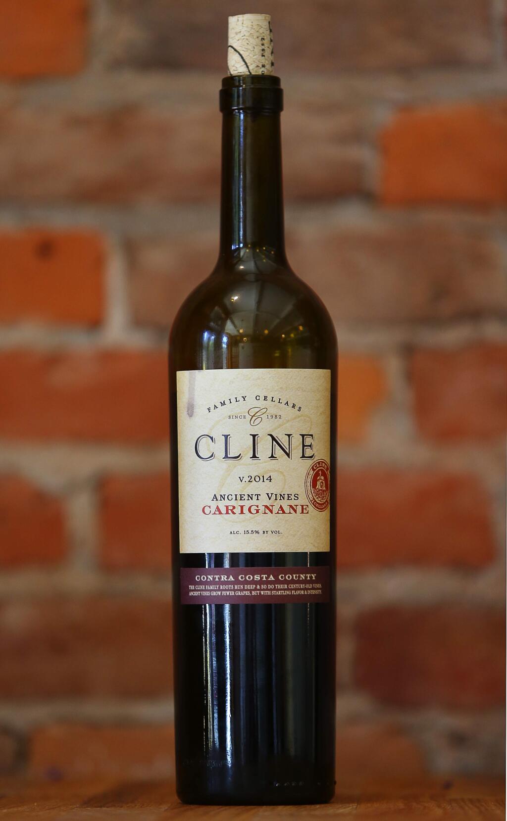 Bottle of Cline Family Cellars 2014 Carignane.(Christopher Chung/ The Press Democrat)