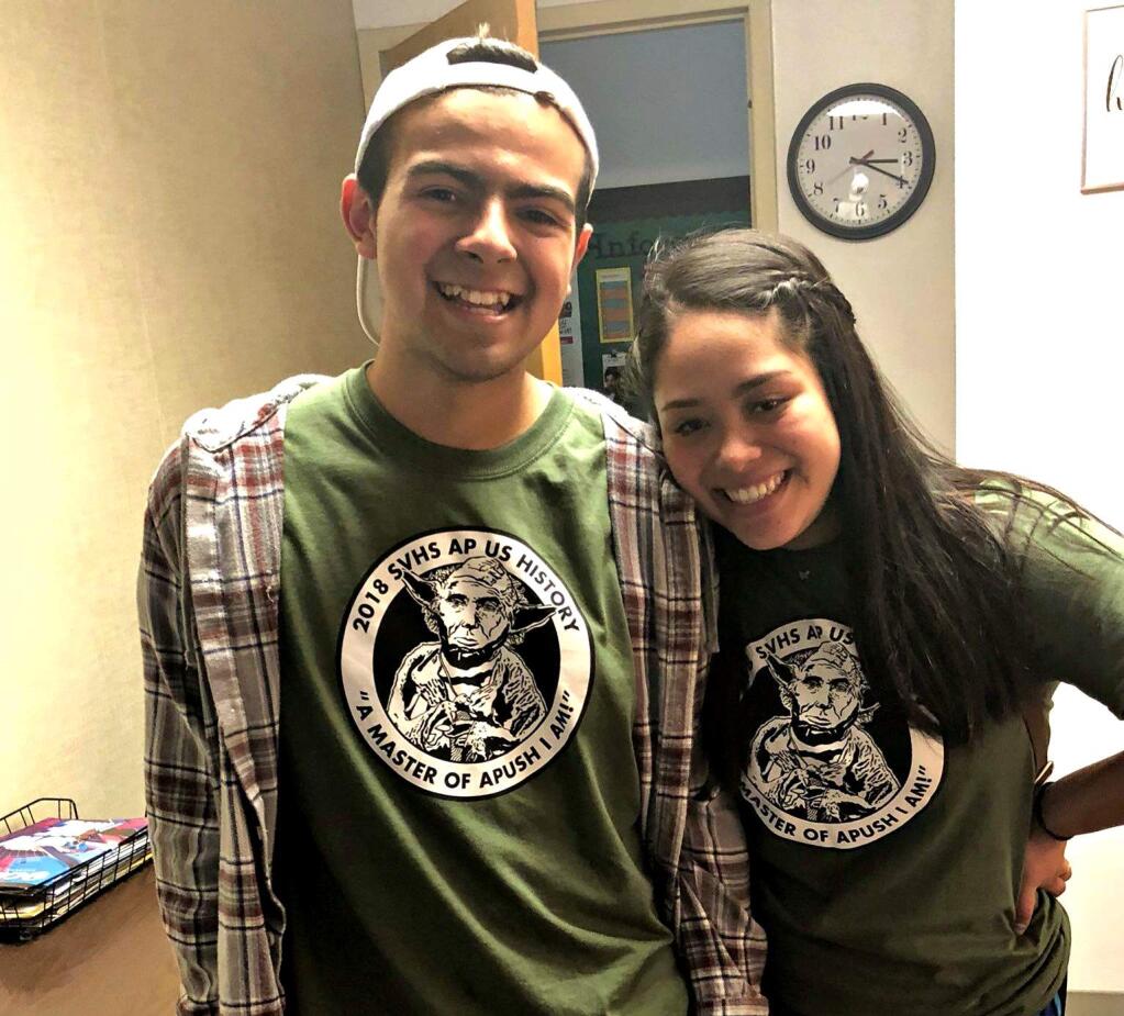 The SVHS senior class will be led next year by Sebastian Lopez and Jacqui Alva, shown here wearing their AP History class t-shirts.