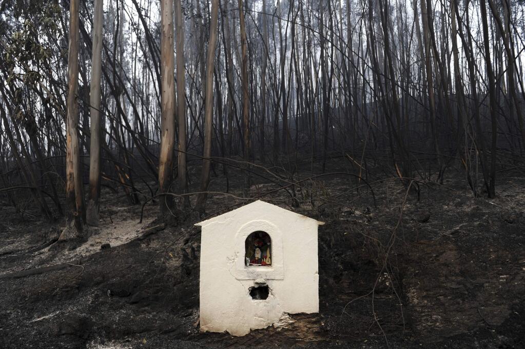 A small shrine in a burnt forest outside the village of Figueiro dos Vinhos central Portugal, Monday, June 19, 2017. More than 2,000 firefighters in Portugal battled Monday to contain major wildfires in the central region of the country, where one blaze killed 62 people, while authorities came under mounting criticism for not doing more to prevent the tragedy. (AP Photo/Paulo Duarte)
