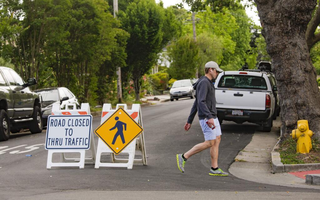 Petaluma, CA, USA. Sunday, May 17, 2020._Petaluma started a pilot program to create “slow streets” where pedestrians and cyclists can use the entire road for social distancing while driving is limited to residents. (CRISSY PASCUAL/ARGUS-COURIER STAFF)