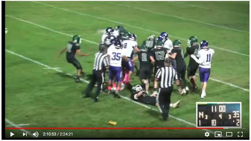 Start of the fourth-quarter bench-emptying altercation that lead to the game being suspended with the score 35-14, and an uncertain future for Sonoma Valley football. (KSVY/YouTube)