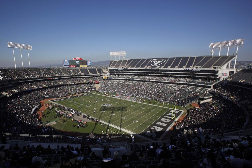 Talk of public funding for a new stadium in Oakland surfaced after plans were announced for a privately financed stadium in Carson for the Raiders and the San Diego Chargers. (BECK DIEFENBACH / AP)