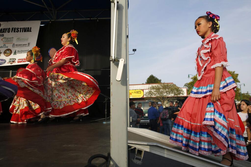 Melinda Tapia 8 waits to go onstage to peform with the Ballet Folklorico Jazmin group at Roseland's Cinco de Mayo celebration on Sebastopol Rd on Tuesday, May 5, 2015 in Santa Rosa, California . (BETH SCHLANKER/ The Press Democrat)