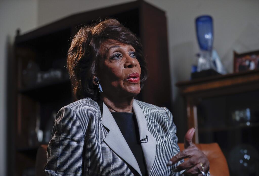 This photo taken on Thursday, March 23, 2017, shows Rep. Maxine Waters, D-Calif., as she speaks during her interview with the Associated Press at her congressional office on Capitol Hill in Washington. Waters has served in Congress for a quarter-century. Now she's turned into the passionate voice of resistance against the Trump administration. (AP Photo/Pablo Martinez Monsivais)