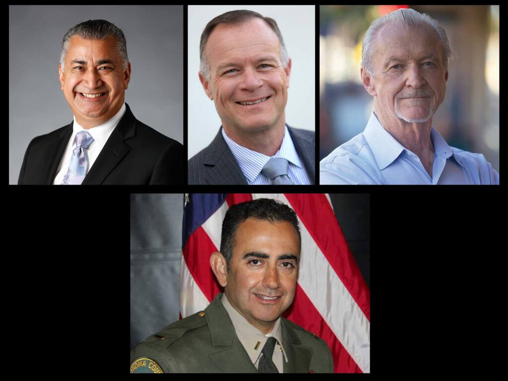 Clockwise from top left: Retired Santa Rosa Police Lieutenant and current Santa Rosa City Councilman Ernesto Olivares, Sonoma County Sheriff's Capt. Mark Essick, Retired Los Angeles Police Capt. John Mutz and Windsor Police Chief and Sonoma County Sheriff's Lt. Carlos Basurto.