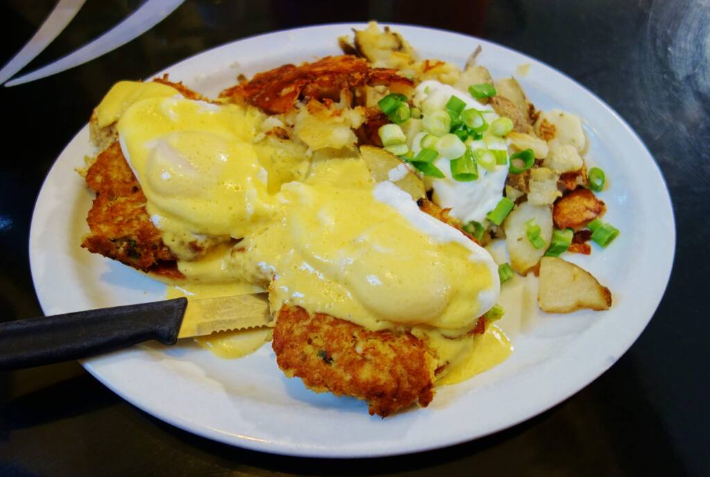 Crabcake Benedict at Sax's Joint in Petaluma. HOUSTON PORTER FOR THE ARGUS-COURIER
