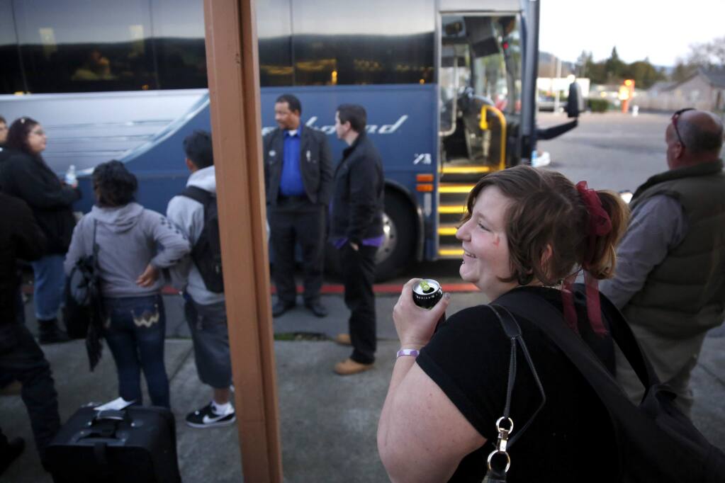 (File photo) Marie Stiffend, waits at the Greyhound stop for her bus to arrive, on the first leg of her journey home to La Pine, Ore. Photo taken in Santa Rosa, on Saturday, December 19, 2015. (BETH SCHLANKER/ The Press Democrat)
