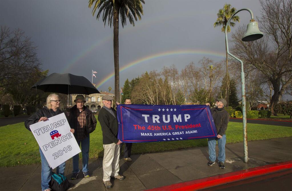 On Inauguration Day, January 20, a small group of supporters gathered on the Plaza to demonstrate their enthusiasm for the lawfully elected new President of the United States, Donald J. Trump. (Photo by Robbi Pengelly/Index-Tribune)