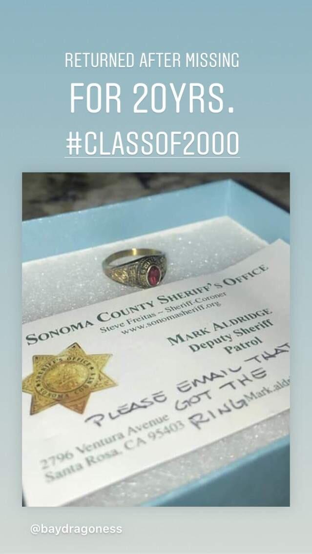 The ring, as Sonoma County Deputy Sheriff Mark Aldridge returned it to Lacey Andrews.