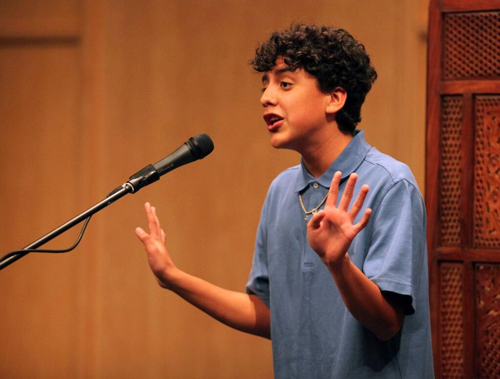 Giovanny Espinosa got the audience laughing as he recited a poem during the first round of the Sonoma County High School Poetry Out Loud Competition in 2010. (The Press Democrat)
