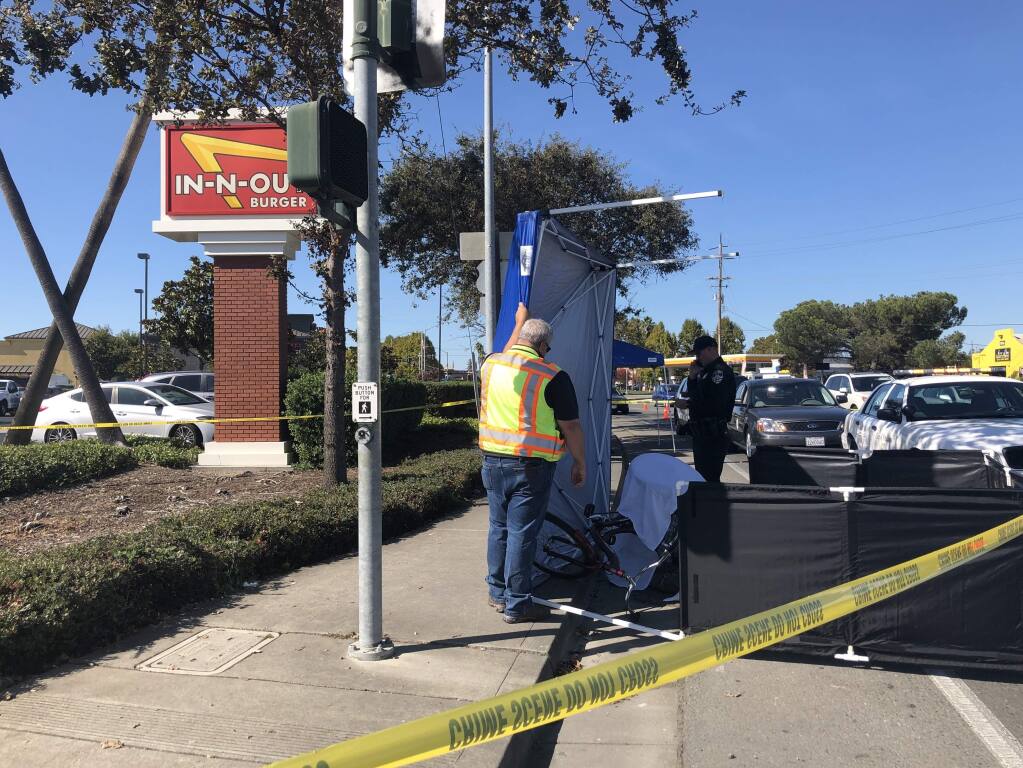 A man riding a large tricycle died in a collision on Lakeville Highway in Petaluma on Wednesday, Oct. 23, 2019. (BETH SCHLANKER/ PD)