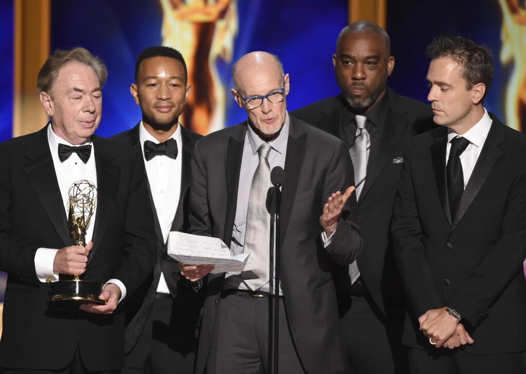 The team from 'Jesus Christ Superstar Live in Concert' accepts the award for outstanding variety special during night two of the Television Academy's 2018 Creative Arts Emmy Awards at the Microsoft Theater on Sunday, Sept. 9, 2018, in Los Angeles. (Photo by Phil McCarten/Invision/AP)