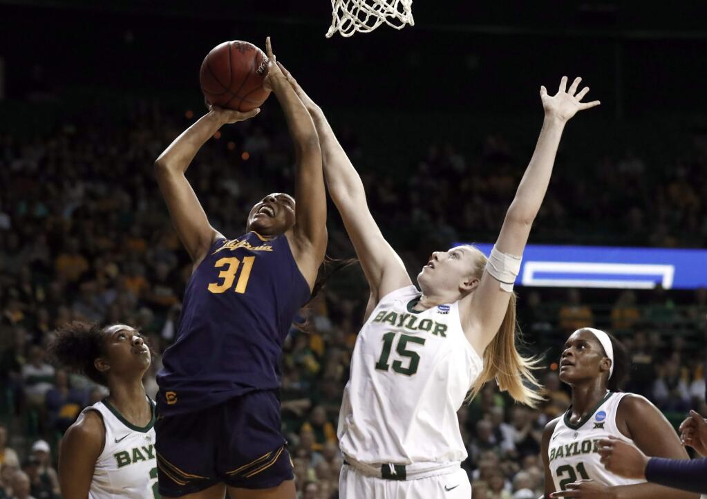 California center Kristine Anigwe (31) goes up for a shot contested by Baylor forward Lauren Cox (15) as Baylor's DiDi Richards, left, and Kalani Brown, right, watch in the first half of a second-round game in the NCAA women's college basketball tournament in Waco, Texas, Monday, March 25, 2019. (AP Photo/Tony Gutierrez)