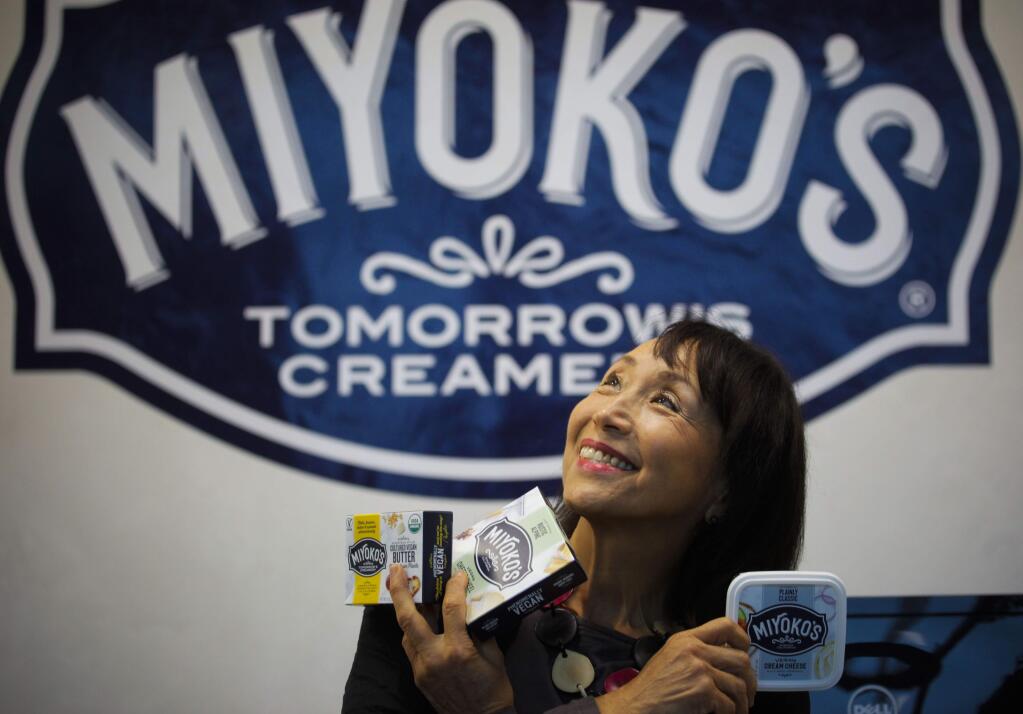 Miyoko’s Kitchen Founder and CEO Miyoko Schinner displays products at the Miyoko’s production plant and headquarters in Petaluma in 2018. (CRISSY PASCUAL/ARGUS-COURIER STAFF)